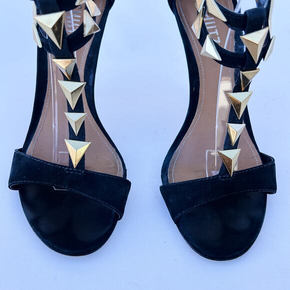 Schutz Black Suede Studded Heels Gold Ankle Strap Pointed Stiletto Pumps 8 39 - Picture 6 of 11
